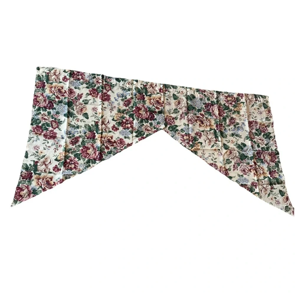 Vintage Cottage Window Curtains 2 Panels Beige Maroon Blue Flowers Floral USA
